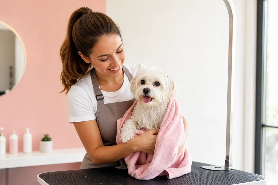 All Fur Love groomer holding a freshly washed Maltese-cross in a towel, Brisbane