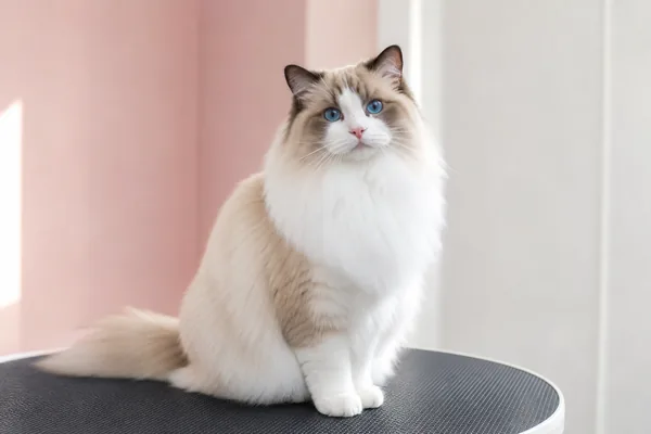 Beautifully groomed long-haired ragdoll cat after a mobile groom