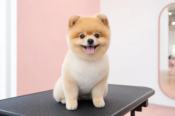 Fluffy Pomeranian with a teddy-bear cut after a hydrobath