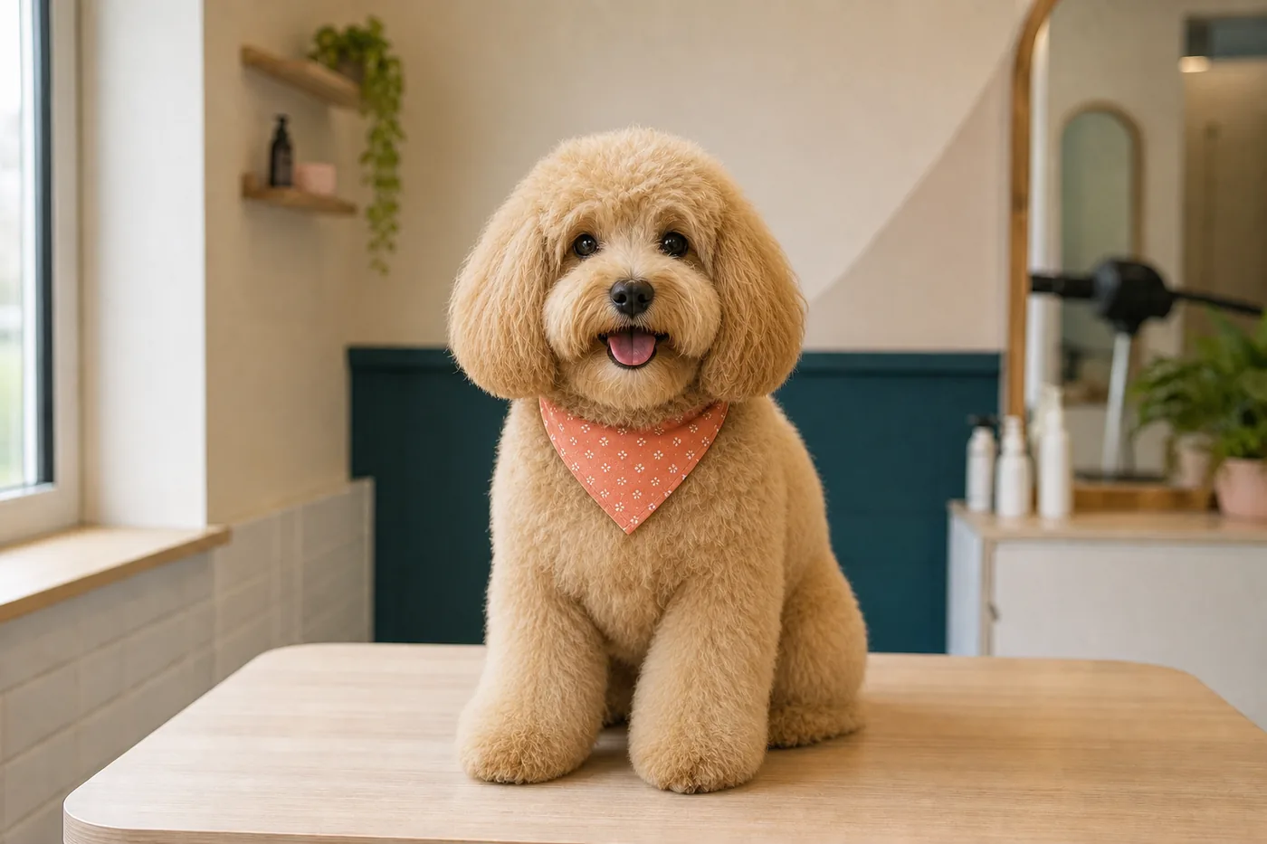 Apricot cavoodle freshly bathed, blow-dried and clipped into a fluffy teddy-bear cut at All Fur Love Brisbane