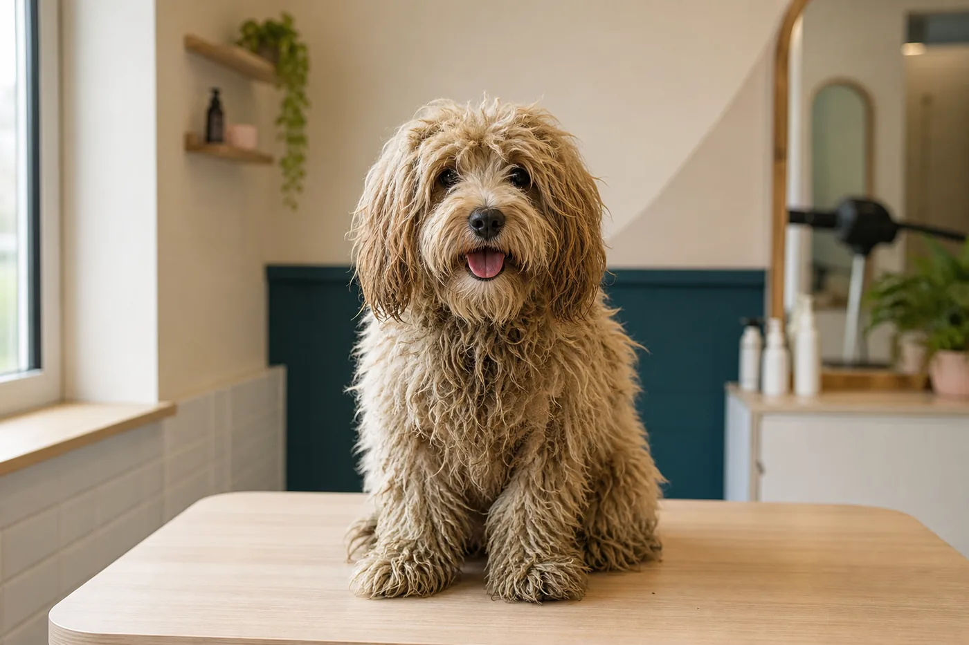 The same cavoodle before grooming — shaggy, matted coat — at the All Fur Love Camp Hill salon